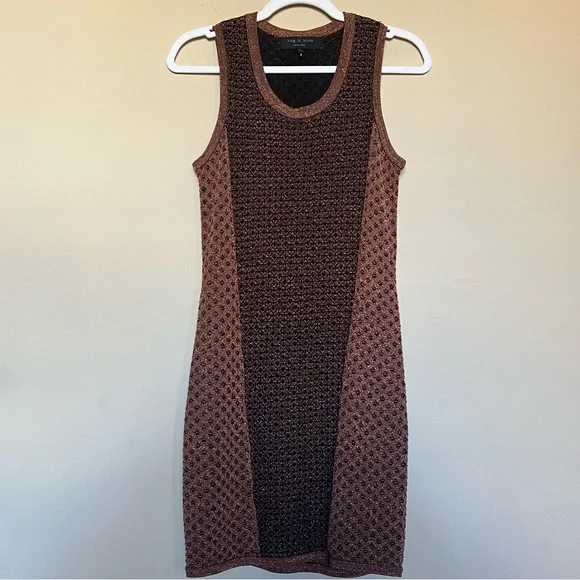 Rag & Bone Metallic Brown Knit Mini Dress l Sleeveless Bodycon Sweater Dress - Picture 2 of 5